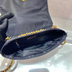 SMALL QUILTED FLAP BAG 18 IN BLACK RE-NYLON FABRIC GOLD CHAIN