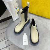 TIRE CHELSEA BOOT IN BLACK MIX BISQUE BEIGE CALFSKIN WITH STEEL BLUE SOLE