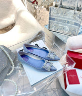 EFFLORESCENCE BALLERINAS IN BLUE CALFSKIN WITH FULLY EMBELLISHED CRYSTALS