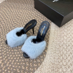 LA 16 HEELED MULES IN SKY BLUE RABBIT FUR AND SMOOTH LAMBSKIN