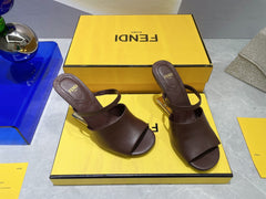 FENDI FIRST 95 MM HIGH-HEELED SANDAL IN CHOCOLATE BROWN LAMBSKIN GOLD HARDWARE