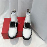 VIV' RANGERS CHELSEA BOOTIES IN WHITE CALFSKIN CRYSTAL BUCKLE
