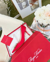 EFFLORESCENCE POINTED-TOE PUMPS IN RED SATIN WITH CRYSTAL BUCKLE