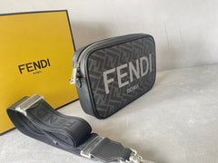 FENDI ROMA 22 CLUTCH BAG IN DARK GREY FF CALFSKIN SILVER HARDWARE WITH WHITE LOGO
