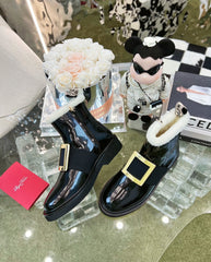 VIV' RANGERS CHELSEA BOOTIES IN PATENT BLACK CALFSKIN FLEECE LINING GOLD BUCKLE