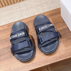 DIOR PLATFORM SLIDES 25S 30 MM IN MIDNIGHT BLUE FABRIC AND CALFSKIN