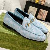 MEN'S LOAFER WITH HORSEBIT IN LIGHT BLUE MONOGRAM JACQUARD FABRIC