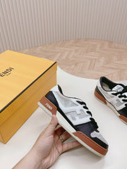 FENDI CASUAL SNEAKER IN BLACK MIX WHITE CALFSKIN ATTACH RHINSTONES