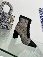 DIOR 25S NAUGHTILY-D ANKLE BOOTS 80 MM IN BLACK MESH TULLE AND SUEDE