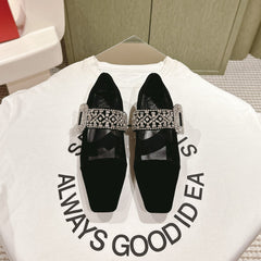 MARY JANES IN BLACK VELVET WITH CRYSTAL EMBELLISHED STRAP