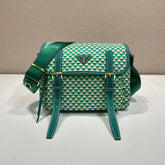 MESSENGER BAG 25 IN FOREST GREEN MIX CREAM TRIANGLE PATTERN EMBROIDERED FABRIC