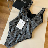 SWIMSUIT IN GREY AND BLACK PRINTED LOGO 626006