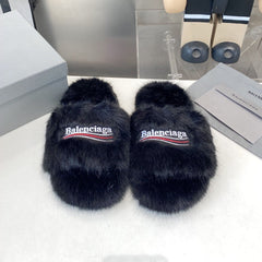 BALENCIAGA 25S FUR SLIPPERS IN BLACK FAUX SHEARLING