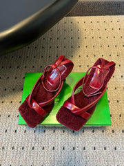 BOTTEGA VENETA 26S SQUARE-TOE HIGH-HEEL SANDALS 90 MM IN RED LAMBSKIN AND WOOL