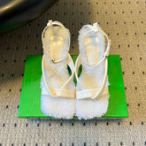 BOTTEGA VENETA 26S SQUARE-TOE HIGH-HEEL SANDALS 90 MM IN WHITE LAMBSKIN AND WOOL