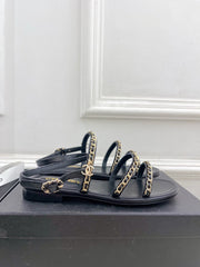 CC MESH FLAT SANDALS IN BLACK LAMBSKIN