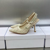 J'ADIOR SLINGBACK PUMPS IN IVORY WHITE EMBROIDERED LACE