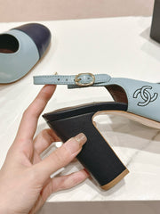 CC SLINGBACK PUMPS IN BLUE AND BLACK CALFSKIN