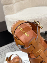 PRADA 25S FISHERMAN OPEN TOE SANDALS IN BURNT ORANGE CALFSKIN