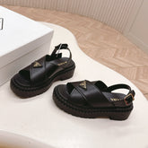 PRADA 25S SANDALS IN BLACK CALFSKIN LOGO GOLD HARDWARE