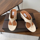 ALAIA WEDGE THONG SANDALS 25S IN LIGHT BEIGE SUEDE