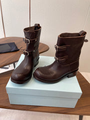 PRADA 25S TWO-BUTTON COWBOY BOOTS IN DARK BROWN CALFSKIN WITH SILVER HARDWARE