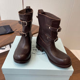 PRADA 25S TWO-BUTTON COWBOY BOOTS IN DARK BROWN CALFSKIN WITH SILVER HARDWARE