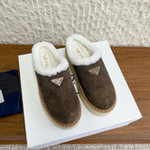 PRADA 25S PLATFORM FUR-LINED MULES IN EARTH BROWN SUEDE