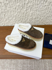 PRADA 25S PLATFORM FUR-LINED MULES IN EARTH BROWN SUEDE