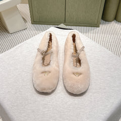 PRADA 25S MARY JANE BALLET FLATS IN LIGHT BEIGE FUR