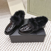 CHANEL 25S LOAFERS MOCCASIN IN BLACK GLOSSY CALFSKIN WITH MINK FUR LINING