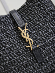 YSL 25S LE 5 À 7 SUPPLE SMALL 16 IN BLACK RAFFIA AND LEATHER GOLD HARDWRE
