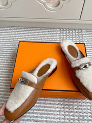 HM 25S CATENA MULE IN BEIGE SHEARLING AND BROWN LAMBSKIN WITH SILVER HARDWARE