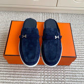 HM 25S MULES IN NAVY BLUE SUEDE WITH SILVER HARDWARE