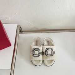 SLIDY VIV' WINTER FUR STRASS BUCKLE SANDALS IN WHITE SHEARLING