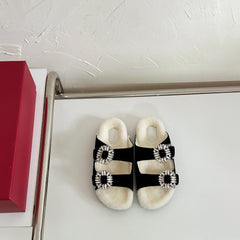 SLIDY VIV’ FUR STRASS BUCKLE MULES IN BLACK SUEDE AND CREAM SHEARLING INSOLE