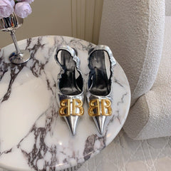 BALENCIAGA 25S HIGH SLINGBACK 35 MM IN SILVER LAMBSKIN WITH GOLD HARDWARE