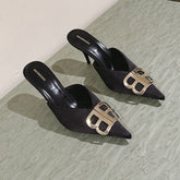 POINTED BB GOLD BUCKLE HIGH MULES IN BLACK SILK