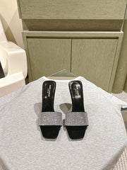 YSL 25S HEELED SANDALS 100 MM IN BLACK LAMBSKIN WITH WHITE RHINESTONE-EMBELLISHED STRAP