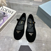 PRADA 25S MARY JANE BALLETS IN BLACK SUEDE