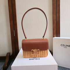 CELINE 25S TEEN GARANCE BAG 18 IN WICKER AND CARAMEL BROWN CALFSKIN