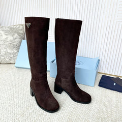 PRADA 25S HIGH-CUT BOOTS 55 MM IN DARK BROWN SUEDE