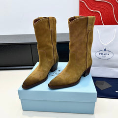PRADA 25S POINTED-TOE LOW-CUT BOOTS IN CARAMEL BROWN SUEDE