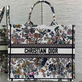 DIOR 25S LUCKY LARGE DIOR BOOK TOTE 42 IN MULTICOLOR DIOR FLOWERS CALENDAR ALLOVER EMBROIDERY