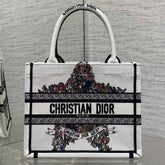 DIOR 25S LUCKY SMALL DIOR BOOK TOTE 26 IN WHITE MULTICOLOR DIOR STAR EMBROIDERY
