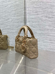 DIOR 25S SMALL LADY D‑JOY BAG 19 IN DARK BEIGE CANNAGE CALFSKIN GOLD HARDWARE