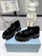 PRADA 25S PLATFORM MARY JANE SHOES IN BLACK SUEDE