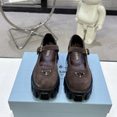 PRADA 25S PLATFORM MARY JANE SHOES IN DARK BROWN SUEDE