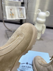 PRADA 25S ZIP-UP ANKLE BOOTS IN BEIGE SUEDE