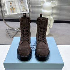 PRADA 25S WARRIOR BOOTS IN DARK BROWN SUEDE